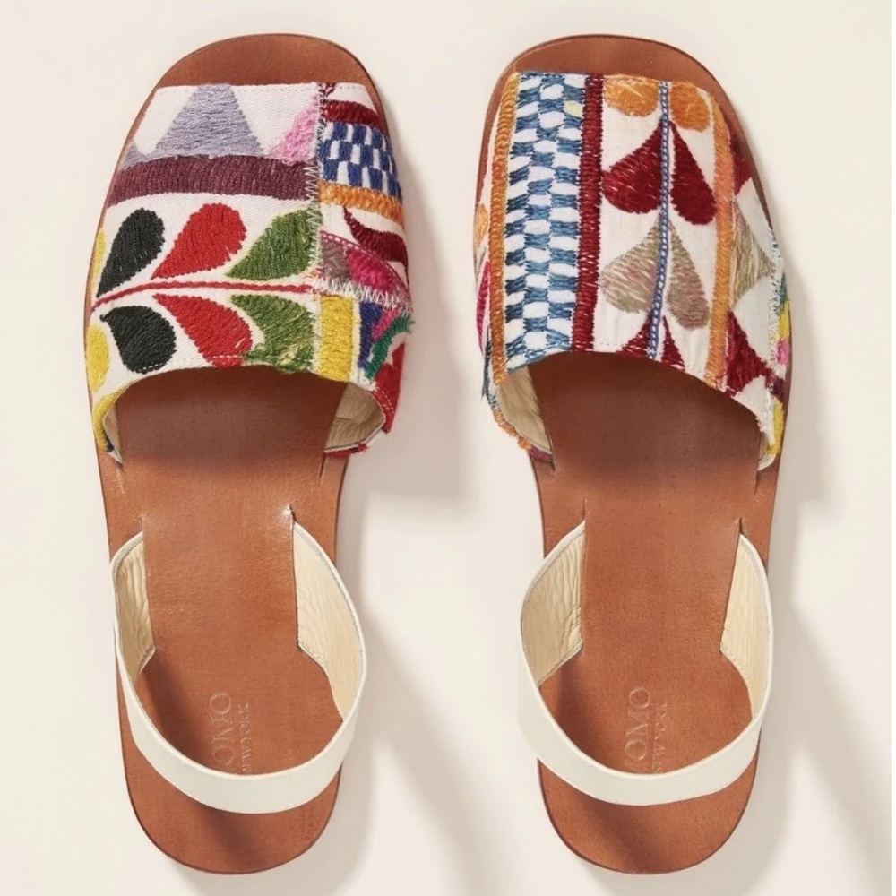 NIB MOMO New York x Anthropologie Dessa Embroidered Sling Back Leather Sandals